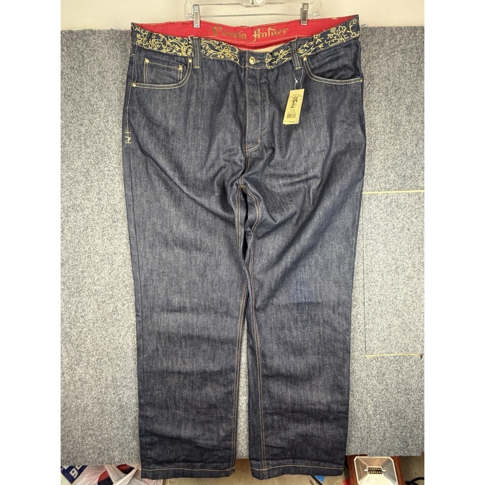 Crown Holder Men's Jeans 44x35 Embroidered Graphic Pockets Dark Wash Denim Flaw - Picture 3 of 13